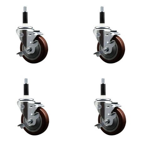 Service Caster 4'' Maroon Poly Swivel 7/8'' Expanding Stem Caster Set with Brake, 4PK SCC-EX20S414-PPUB-MRN-TLB-78-4